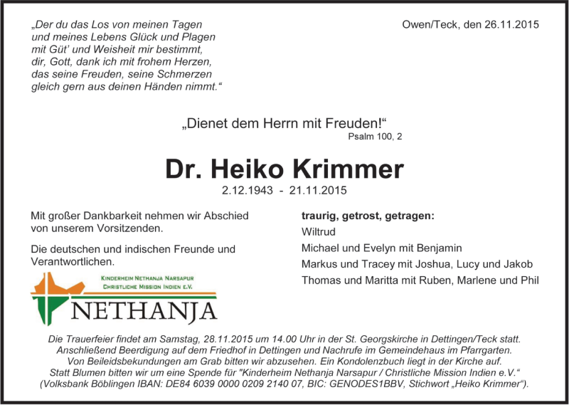  Traueranzeige für Heiko Krimmer vom 26.11.2015 aus Stuttgarter Zeitung / Stuttgarter Nachrichten