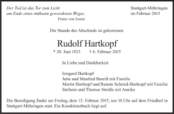 Traueranzeige von Rudolf Hartkopf von Stuttgarter Zeitung / Stuttgarter Nachrichten