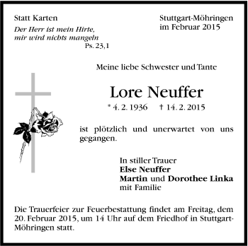 Traueranzeige von Lore Neuffer von Stuttgarter Zeitung / Stuttgarter Nachrichten