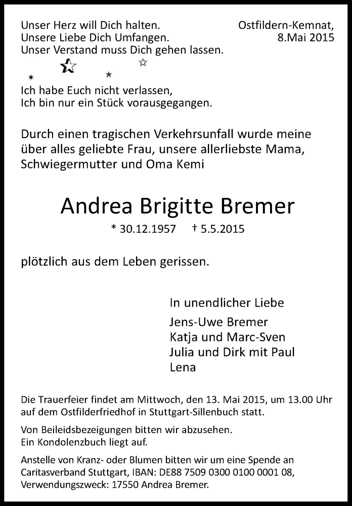  Traueranzeige für Andrea Brigitte Bremer vom 09.05.2015 aus Stuttgarter Zeitung / Stuttgarter Nachrichten