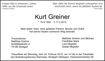 Traueranzeige von Kurt Greiner von Stuttgarter Zeitung / Stuttgarter Nachrichten
