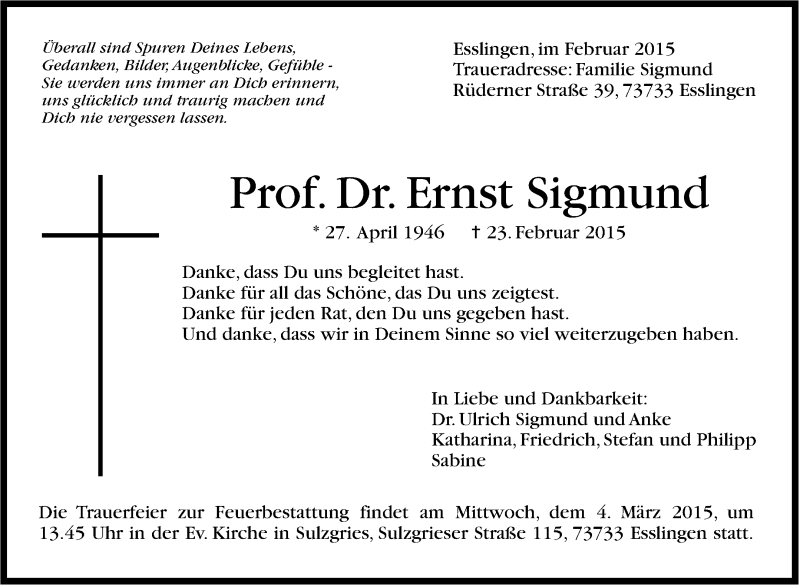  Traueranzeige für Ernst Sigmund vom 28.02.2015 aus Stuttgarter Zeitung / Stuttgarter Nachrichten