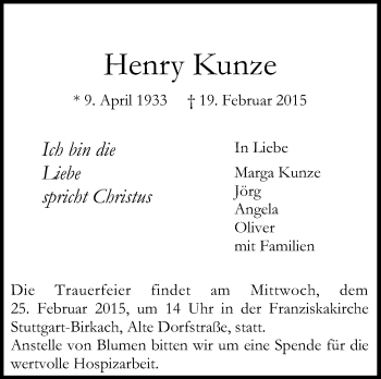 Traueranzeige von Henry Kunze von Stuttgarter Zeitung / Stuttgarter Nachrichten