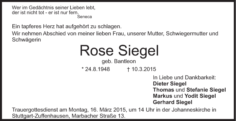  Traueranzeige für Rose Siegel vom 13.03.2015 aus Stuttgarter Zeitung / Stuttgarter Nachrichten