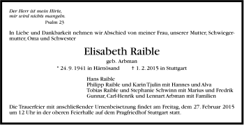 Traueranzeige von Elisabeth Raible von Stuttgarter Zeitung / Stuttgarter Nachrichten