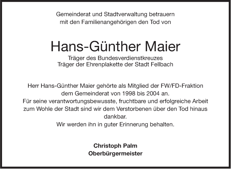  Traueranzeige für Hans-Günther Maier vom 01.07.2015 aus Stuttgarter Zeitung / Stuttgarter Nachrichten
