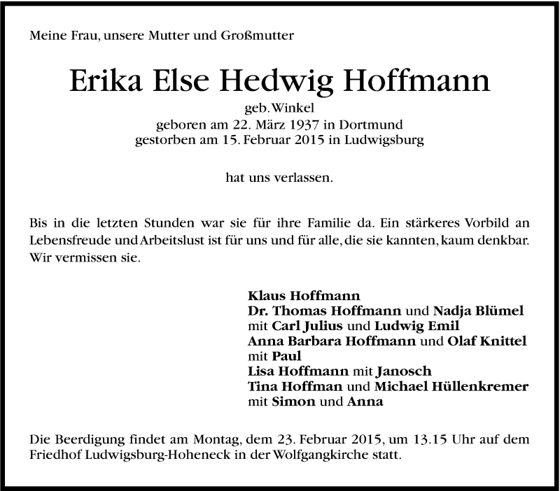  Traueranzeige für Erika Else Hedwig Hoffmann vom 19.02.2015 aus Stuttgarter Zeitung / Stuttgarter Nachrichten