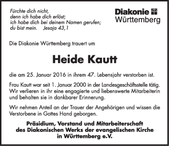 Traueranzeige von Heide Kautt von Stuttgarter Zeitung / Stuttgarter Nachrichten