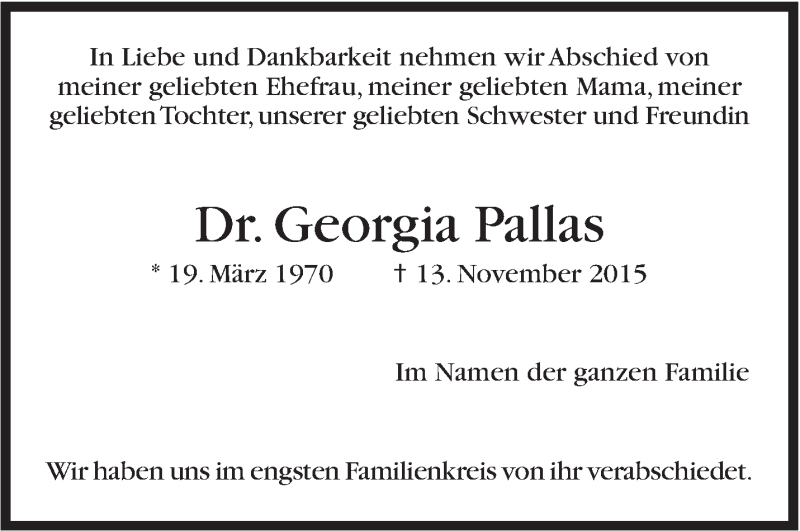  Traueranzeige für Georgia Pallas vom 21.11.2015 aus Stuttgarter Zeitung / Stuttgarter Nachrichten