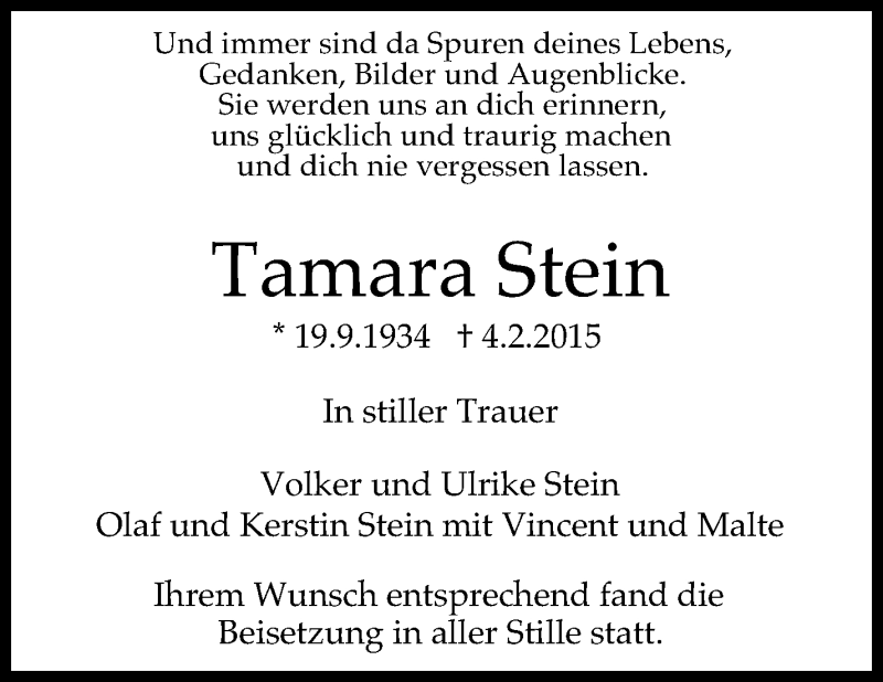  Traueranzeige für Tamara Stein vom 25.02.2015 aus Stuttgarter Zeitung / Stuttgarter Nachrichten