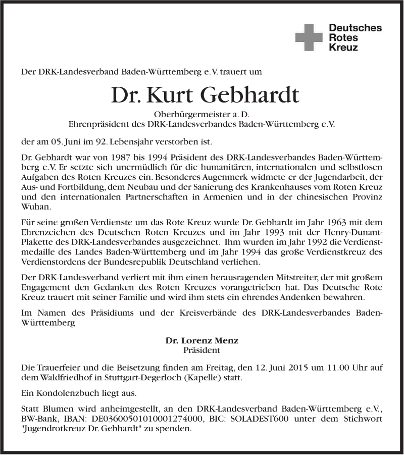  Traueranzeige für Kurt Gebhardt vom 10.06.2015 aus Stuttgarter Zeitung / Stuttgarter Nachrichten