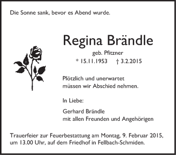 Traueranzeige von Regina Brändle von Stuttgarter Zeitung / Stuttgarter Nachrichten