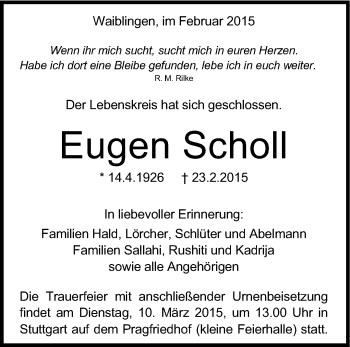 Traueranzeige von Eugen Scholl von Stuttgarter Zeitung / Stuttgarter Nachrichten