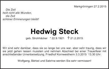Traueranzeige von Hedwig Steck von Stuttgarter Zeitung / Stuttgarter Nachrichten