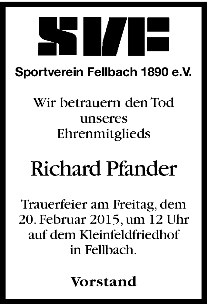  Traueranzeige für Richard Pfander vom 17.02.2015 aus Stuttgarter Zeitung / Stuttgarter Nachrichten