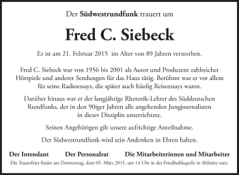 Traueranzeige von Fred C. Siebeck von Stuttgarter Zeitung / Stuttgarter Nachrichten