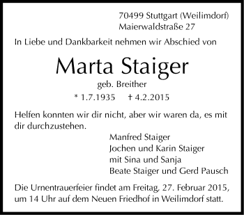 Traueranzeige von Marta Staiger von Stuttgarter Zeitung / Stuttgarter Nachrichten
