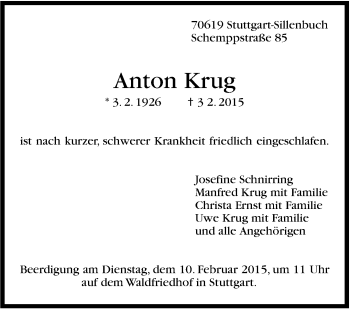 Traueranzeige von Anton Krug von Stuttgarter Zeitung / Stuttgarter Nachrichten