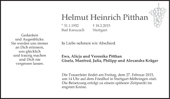 Traueranzeige von Helmut Heinrich Pitthan von Stuttgarter Zeitung / Stuttgarter Nachrichten