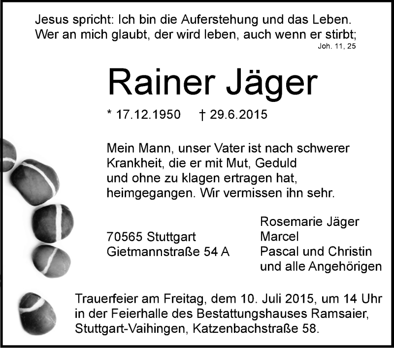  Traueranzeige für Rainer Jäger vom 06.07.2015 aus Stuttgarter Zeitung / Stuttgarter Nachrichten