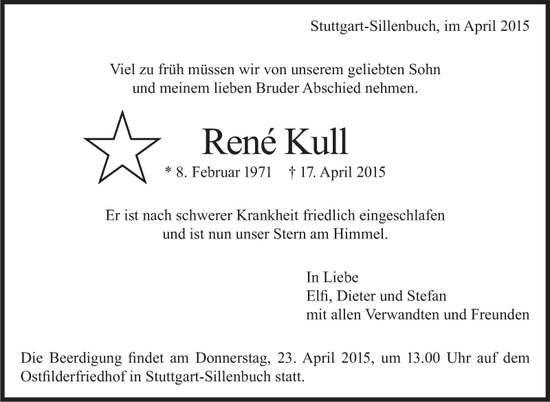  Traueranzeige für René Kull vom 21.04.2015 aus Stuttgarter Zeitung / Stuttgarter Nachrichten