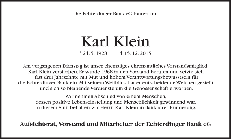  Traueranzeige für Karl Klein vom 19.12.2015 aus Stuttgarter Zeitung / Stuttgarter Nachrichten