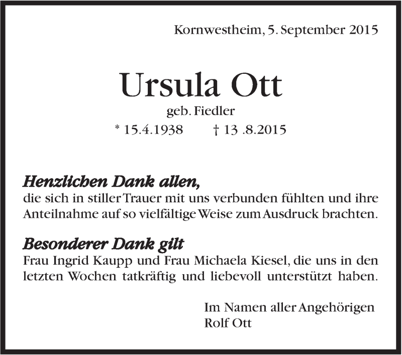  Traueranzeige für Ursula Ott vom 05.09.2015 aus Stuttgarter Zeitung / Stuttgarter Nachrichten