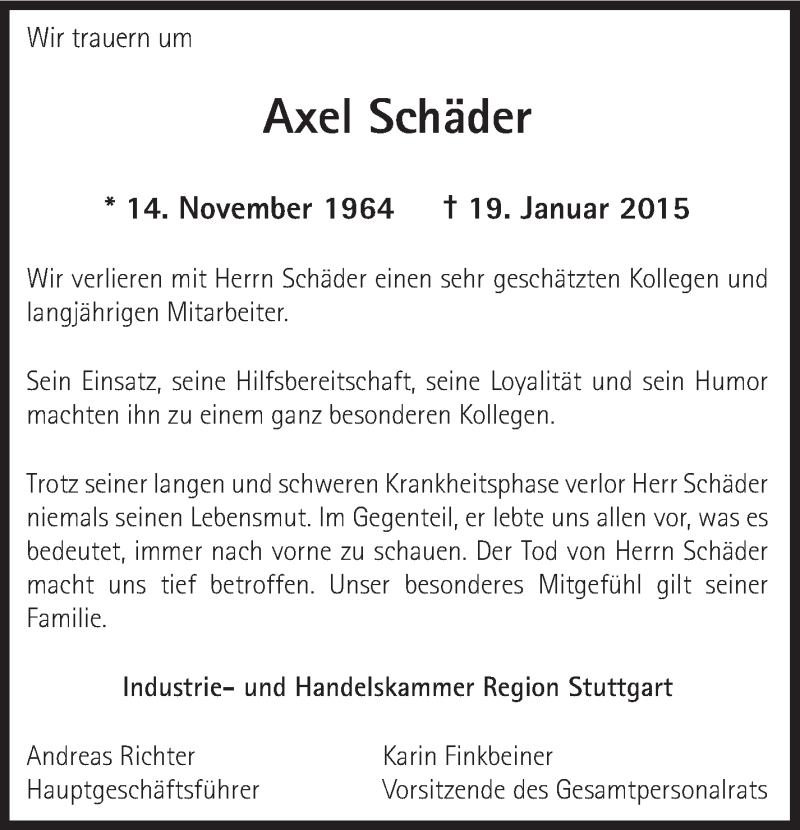  Traueranzeige für Axel Schäder vom 24.01.2015 aus Stuttgarter Zeitung / Stuttgarter Nachrichten