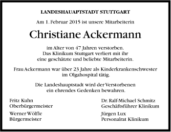 Traueranzeige von Christiane Ackermann von Stuttgarter Zeitung / Stuttgarter Nachrichten