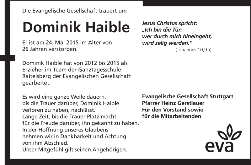  Traueranzeige für Dominik Haible vom 02.06.2015 aus Stuttgarter Zeitung / Stuttgarter Nachrichten