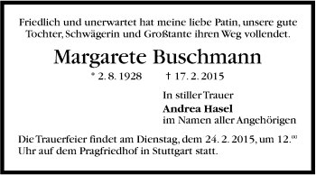 Traueranzeige von Margarete Buschmann von Stuttgarter Zeitung / Stuttgarter Nachrichten
