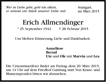 Traueranzeige von Erich Allmendinger von Stuttgarter Zeitung / Stuttgarter Nachrichten