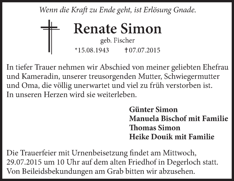  Traueranzeige für Renate Simon vom 22.07.2015 aus Stuttgarter Zeitung / Stuttgarter Nachrichten