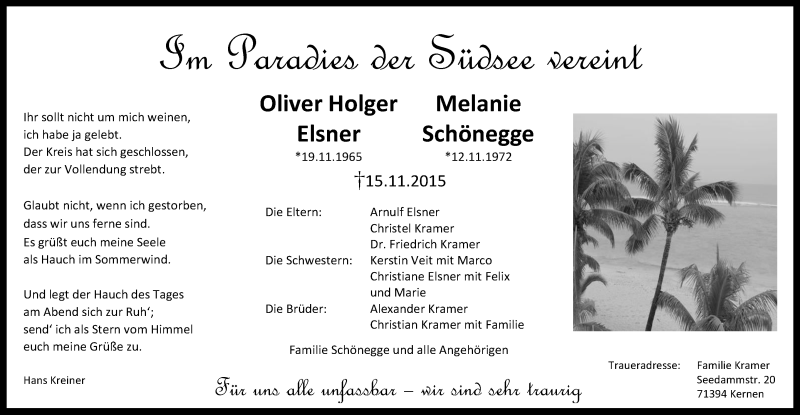 Traueranzeige für Oliver Holger Elsner Melanie Schönegge vom 21.11.2015 aus Stuttgarter Zeitung / Stuttgarter Nachrichten
