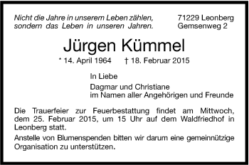 Traueranzeige von Jürgen Kümmel von Stuttgarter Zeitung / Stuttgarter Nachrichten