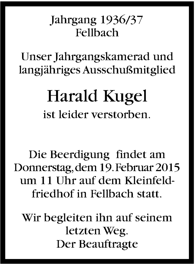  Traueranzeige für Harald Kugel vom 16.02.2015 aus Stuttgarter Zeitung / Stuttgarter Nachrichten