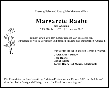Traueranzeige von Margarete Raabe von Stuttgarter Zeitung / Stuttgarter Nachrichten