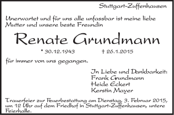 Traueranzeige von Renate Grundmann von Stuttgarter Zeitung / Stuttgarter Nachrichten