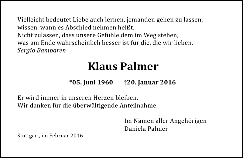  Traueranzeige für Klaus Palmer vom 05.02.2016 aus Stuttgarter Zeitung / Stuttgarter Nachrichten