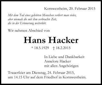 Traueranzeige von Hans Hacker von Stuttgarter Zeitung / Stuttgarter Nachrichten