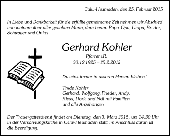 Traueranzeige von Gerhard Kohler von Stuttgarter Zeitung / Stuttgarter Nachrichten