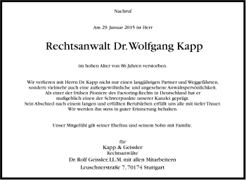 Traueranzeige von Wolfgang Kapp von Stuttgarter Zeitung / Stuttgarter Nachrichten