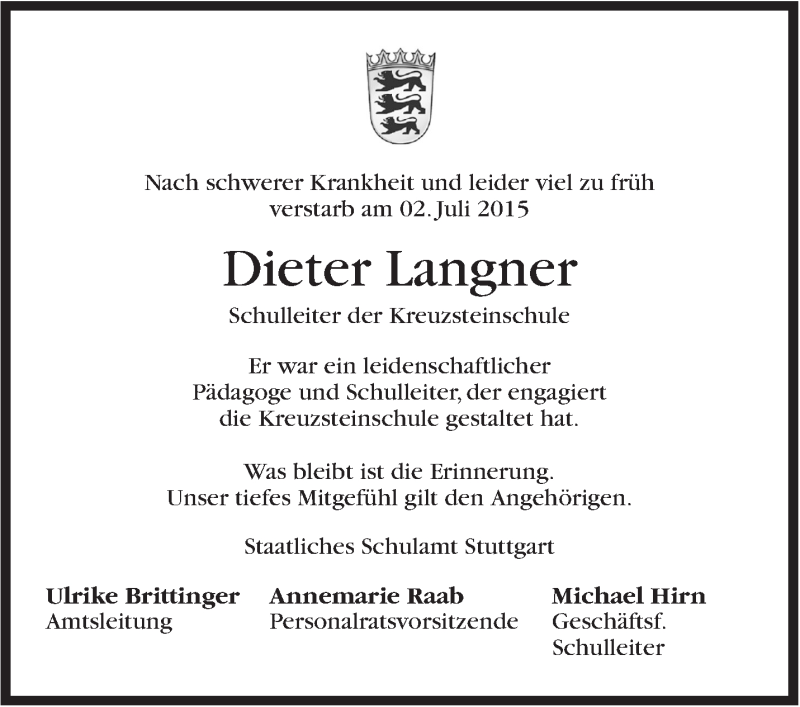  Traueranzeige für Dieter Langner vom 08.07.2015 aus Stuttgarter Zeitung / Stuttgarter Nachrichten