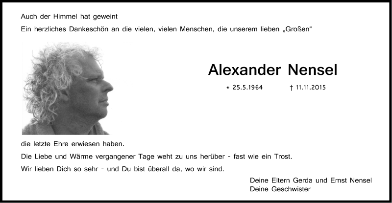  Traueranzeige für Alexander Nensel vom 28.11.2015 aus Stuttgarter Zeitung / Stuttgarter Nachrichten
