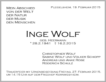 Traueranzeige von Inge Wolf von Stuttgarter Zeitung / Stuttgarter Nachrichten