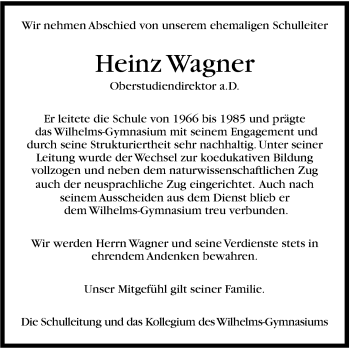 Traueranzeige von Heinz Wagner von Stuttgarter Zeitung / Stuttgarter Nachrichten