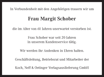 Traueranzeige von Margit Schober von Stuttgarter Zeitung / Stuttgarter Nachrichten