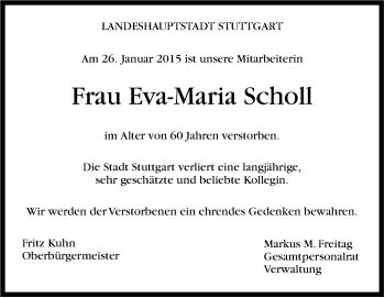 Traueranzeige von Eva-Maria Scholl von Stuttgarter Zeitung / Stuttgarter Nachrichten
