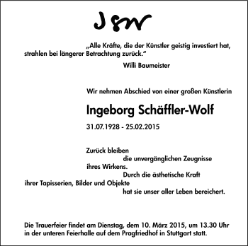 Traueranzeige von Ingeborg Schäffler-Wolf von Stuttgarter Zeitung / Stuttgarter Nachrichten