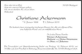 Traueranzeige von Christiane Ackermann von Stuttgarter Zeitung / Stuttgarter Nachrichten
